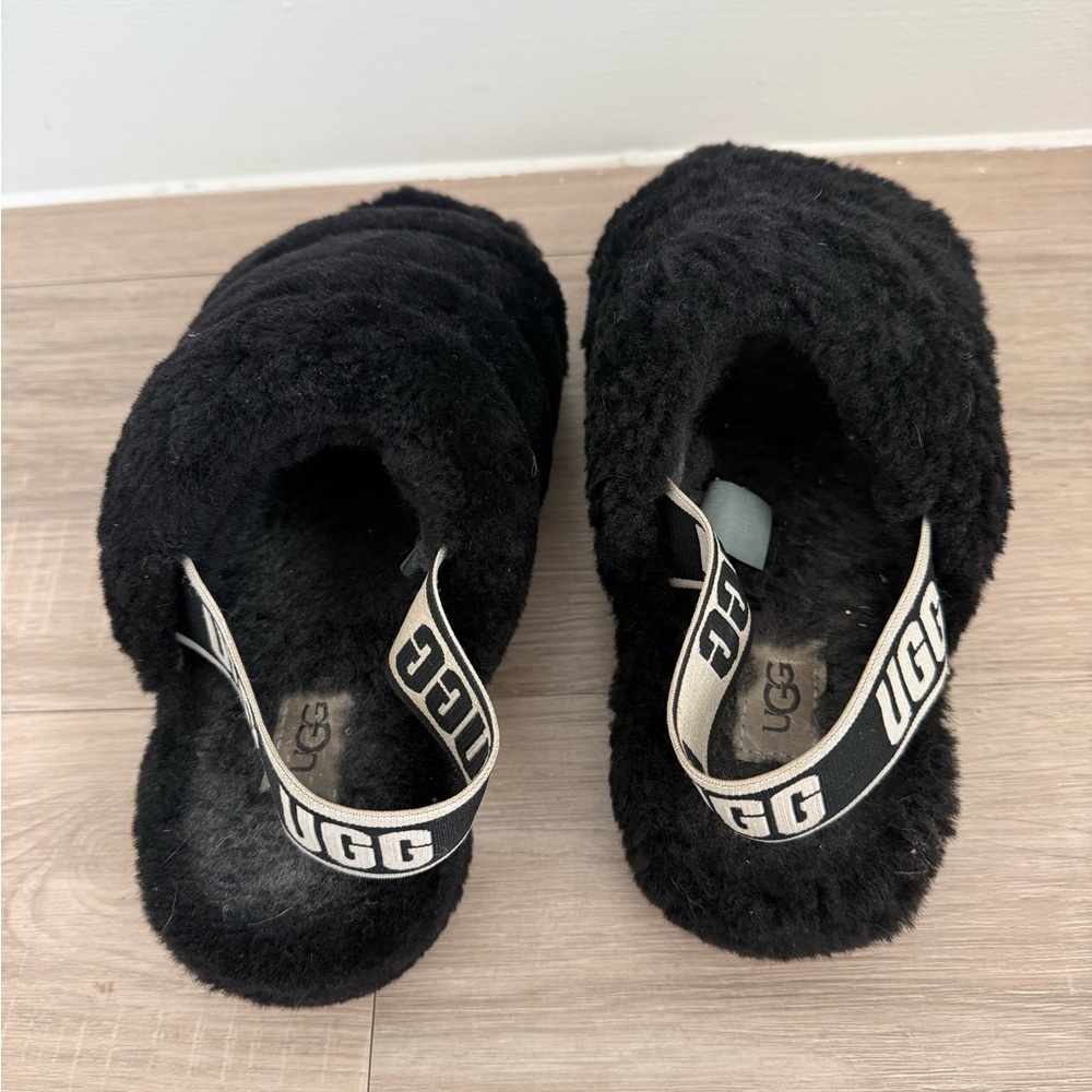 UGG Black Plush Slide Sandals with Branded Elastic Strap - Picture 3 of 3